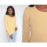 70S Tan Sweater Retro Pullover Knit Jumper Scoop Neck Acrylic Boho Simple Minimalist Knitwear Normcore Plain Vintage 1970S Small Medium | Etsy (US)