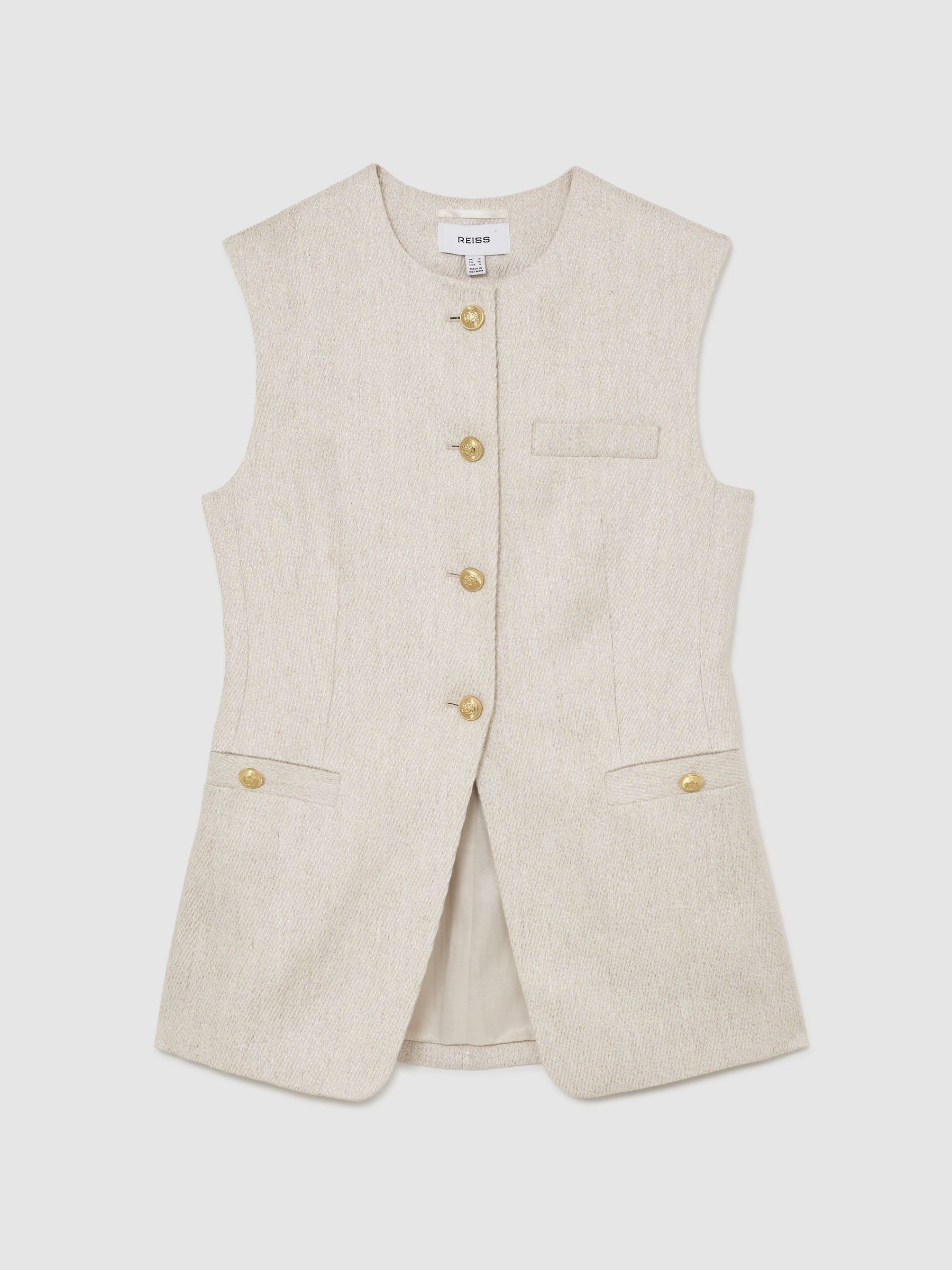 Linen-Blend Textured Long-Line Waistcoat in Neutral | Reiss UK