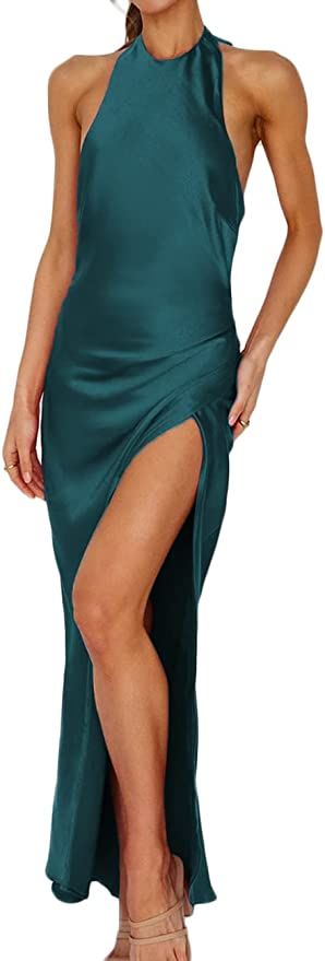 Satin Silk Halter Tie Neck Maxi Formal Dresses for Women- Open Back Twist Ruched Slit Midi Cockta... | Amazon (US)