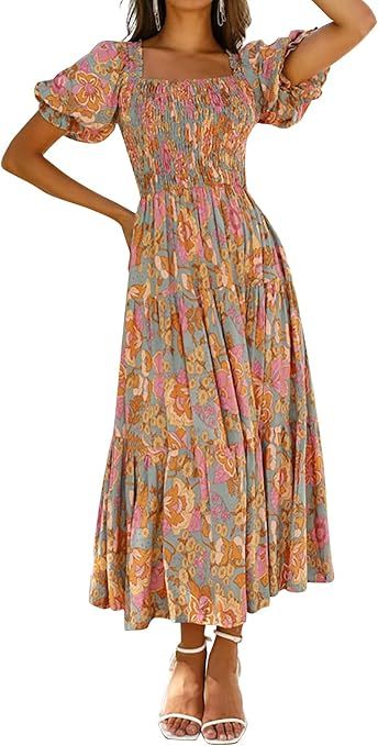 ZESICA Women's 2024 Summer Boho Floral Print Square Neck Ruffle Swing Beach Long Maxi Dress | Amazon (US)