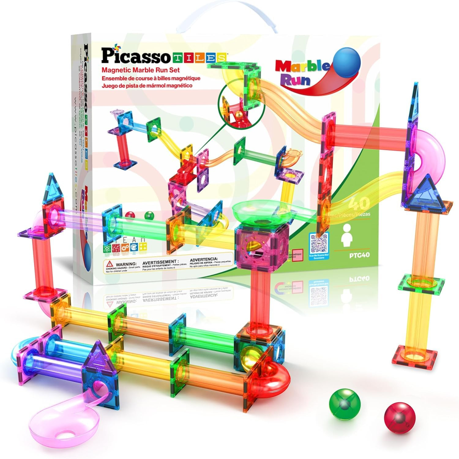 PicassoTiles Marble Run Magnetic Tile Race Track Toy Play Set STEM Building & Learning Early Educational Child Magnet Construction Block Creative Kit Boys & Girls Age 3+ Years Old Toys PTG40 | Amazon (US)
