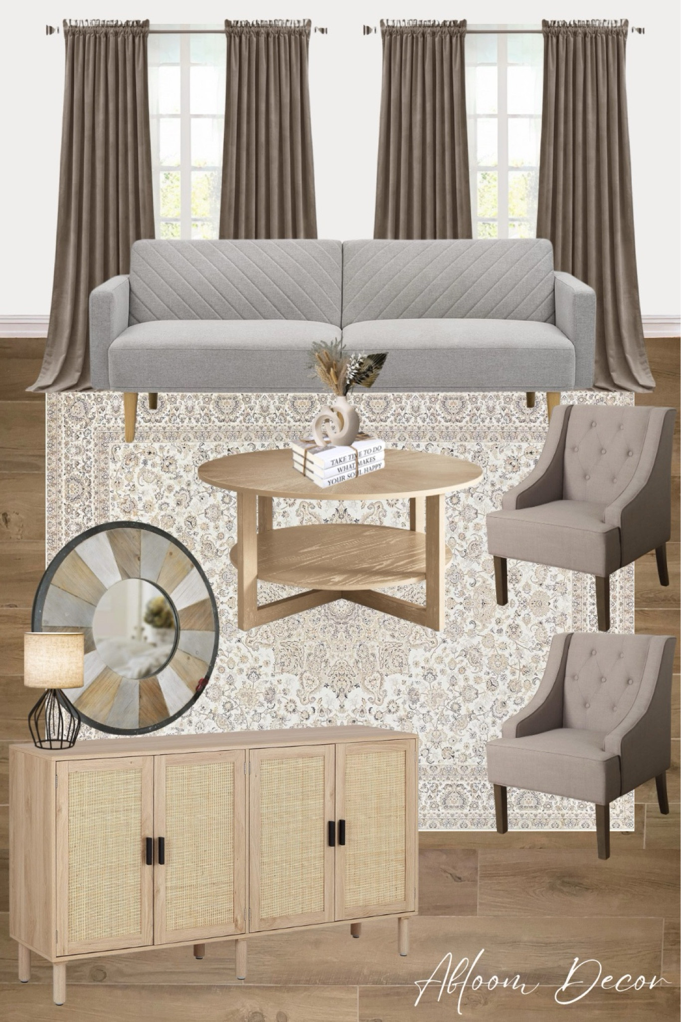 Grey sofa living room idea with taupe armchairs and curtains, a beautiful coffee table and sideboard.

#LTKhome