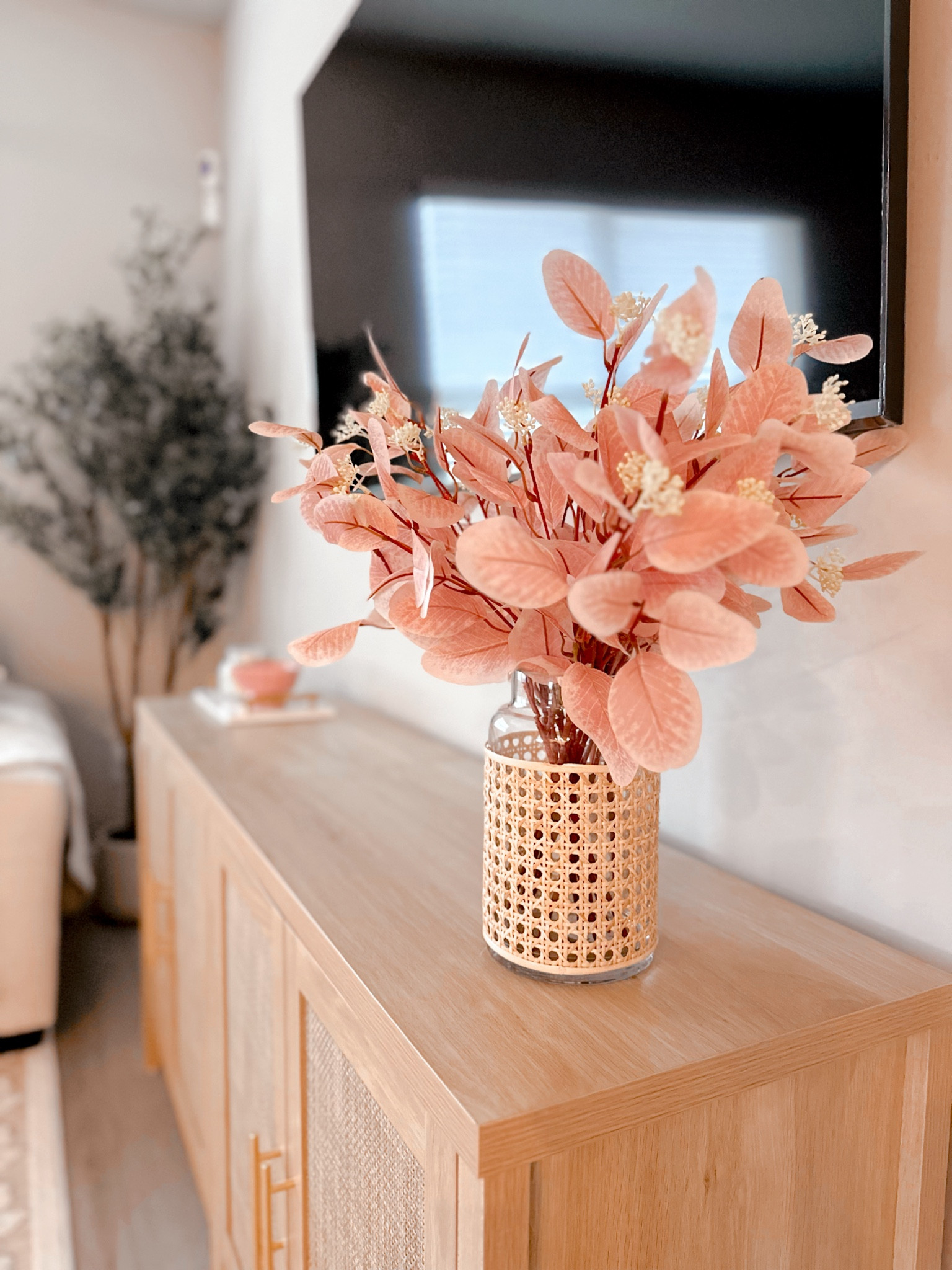 Home decor for entertainment stand. 

Vase is currently on sale and comes in two different options!!

Linked both under $20
Rattan, glass vase, pink flowers, affordable decor, house decor, home decor 

#LTKHome #LTKSaleAlert #LTKFindsUnder50