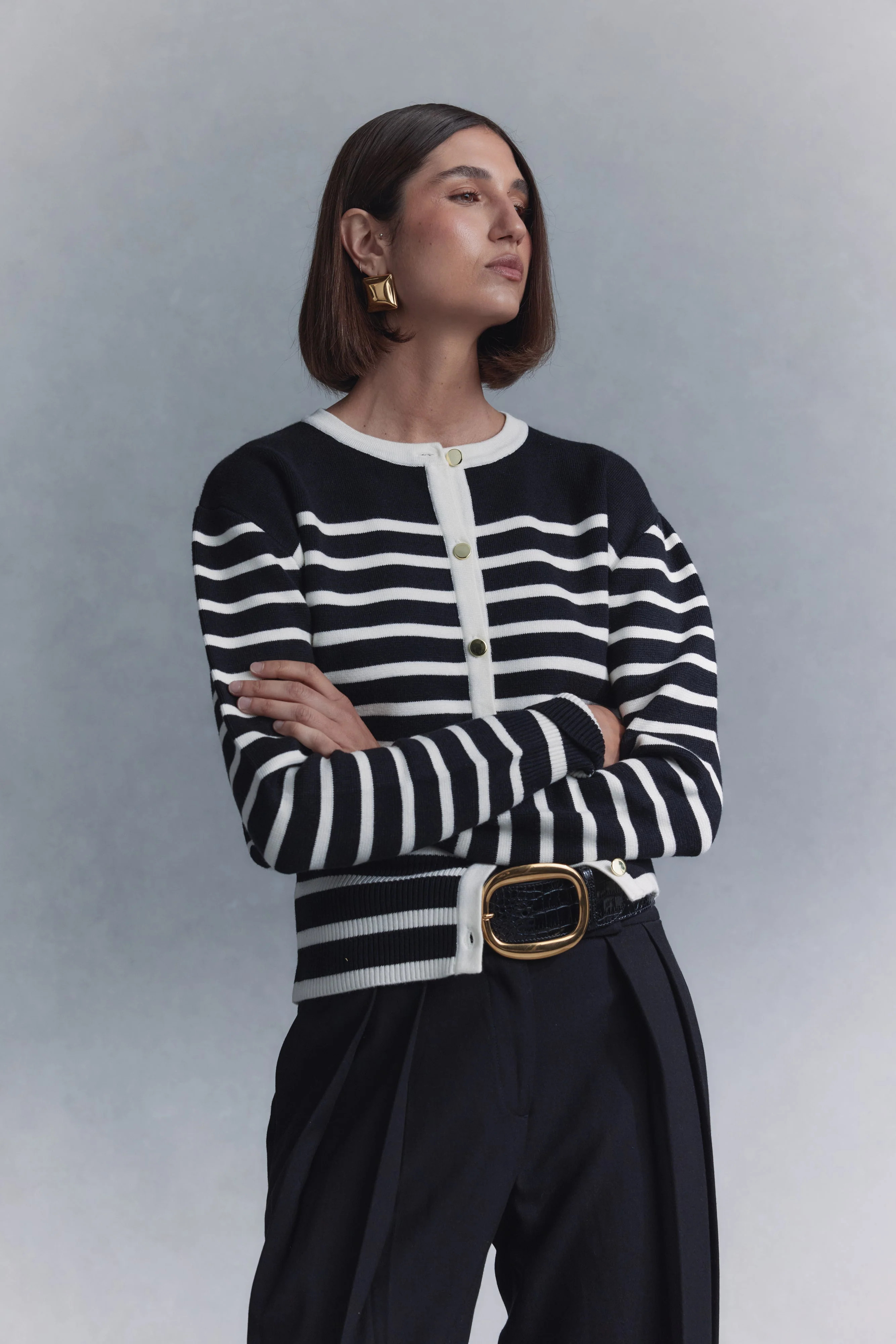 Talia Stripe Knit Cardigan - Black/White | MESHKI US