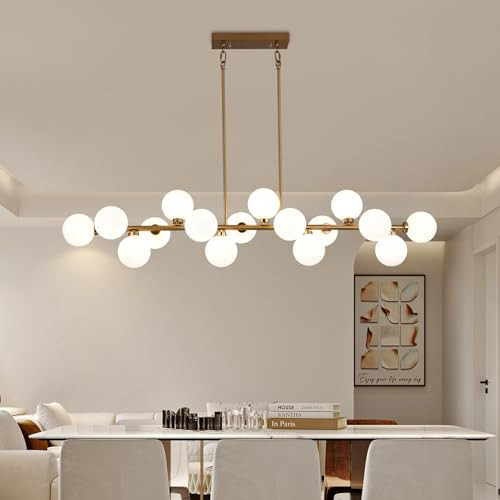 Besytal 55" Gold Linear Chandelier, 16 Lights Mid Century Modern Sputnik Chandelier, Large Pendant Lights Kitchen Island with White Glass Lampshade, Bubble Chandelier for Kitchen Over Table - Gold | Amazon (US)