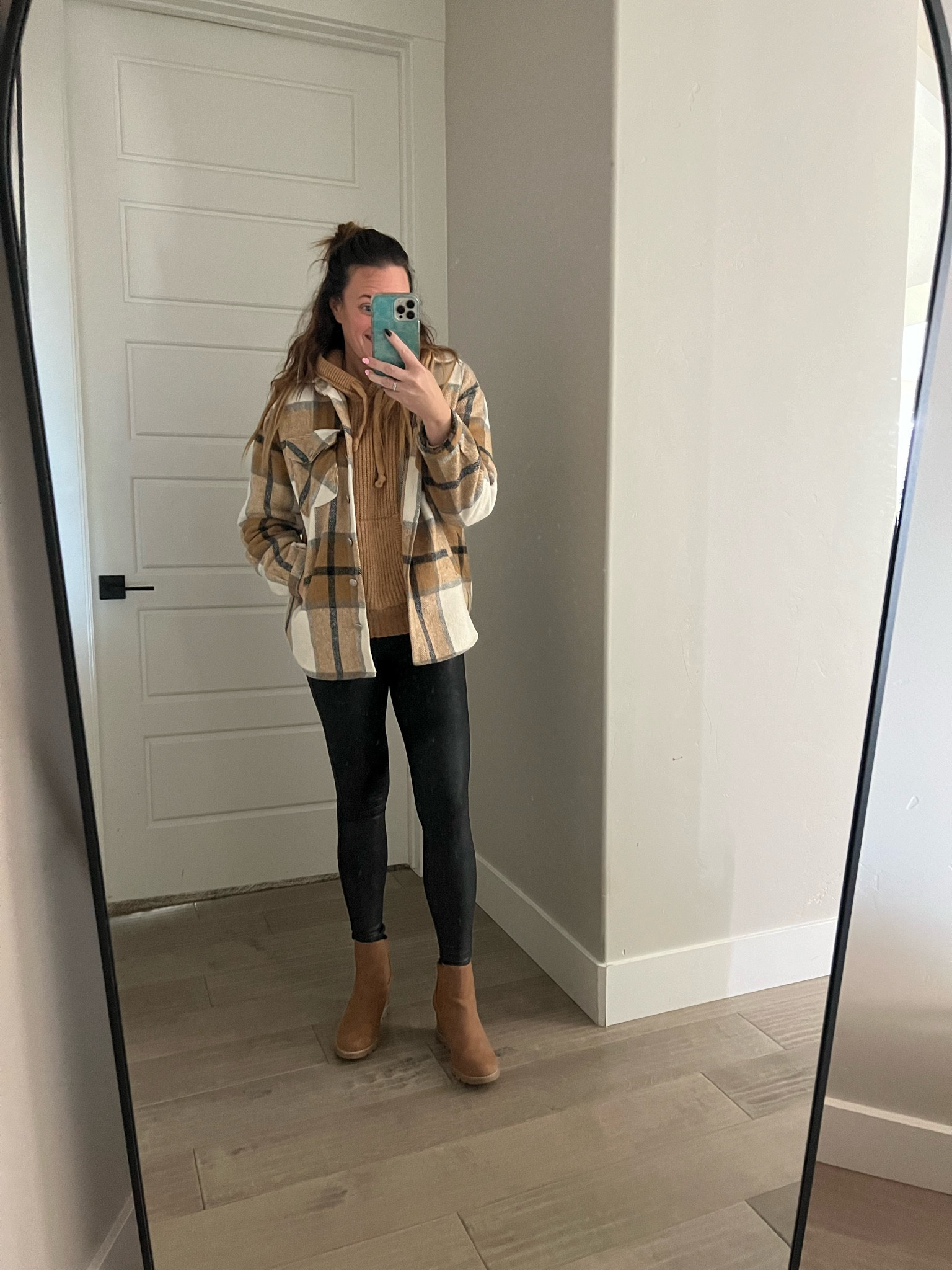 Cozy and comfy Layered Fall Outfit Idea 
1. Chunky Sweater 
2. Oversized Plaid Shacket 
3. Faux Leather Leggings 
4. Wedge Booties 
5. And hair half up and down. 

Sweater is from Aerie 
Leggings are from Spanx 
Shacket is from Amazon Fashion 
Boots are from Target 

#falloutfit #fallinspo #targetstyle 

#LTKover40 #LTKmidsize #LTKfindsunder50