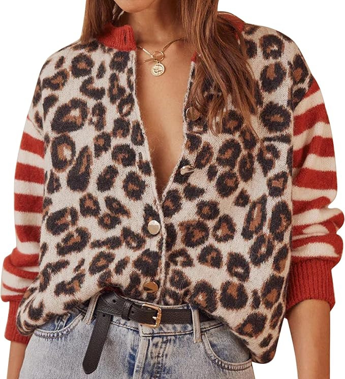 Women's Leopard Striped Cardigan Open Front Color Block Button Down Knit Sweater Fall Cropped Coa... | Amazon (US)