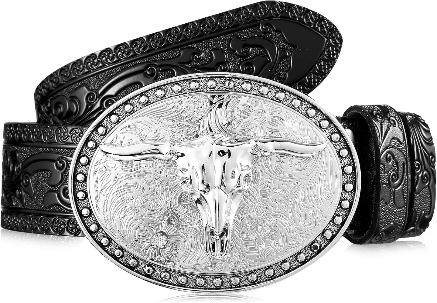 Xuniea Cowboy Belt for Men Longhorn Bull Buckle Belt Western Leather Buckle Belt Floral Engraved ... | Amazon (US)