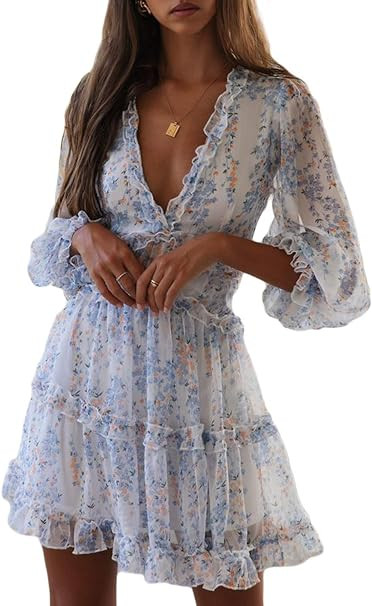 Dokotoo Womens Spring Summer Deep V Neck Ruffle Long Sleeve Floral Print Mini Dress | Amazon (US)