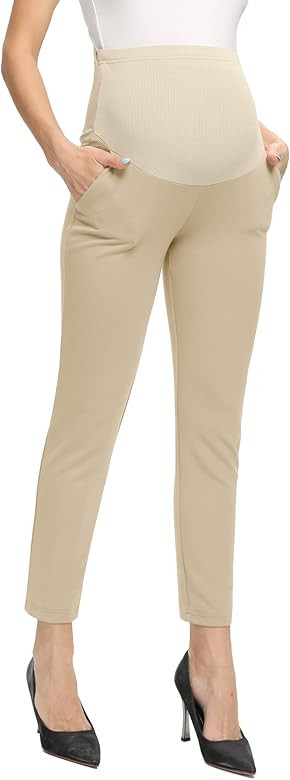 POSHGLAM Women's Maternity Pants for Work Casual Pull-on Stretch Comfy Slim Straight Leg Ankle Pants | Amazon (US)