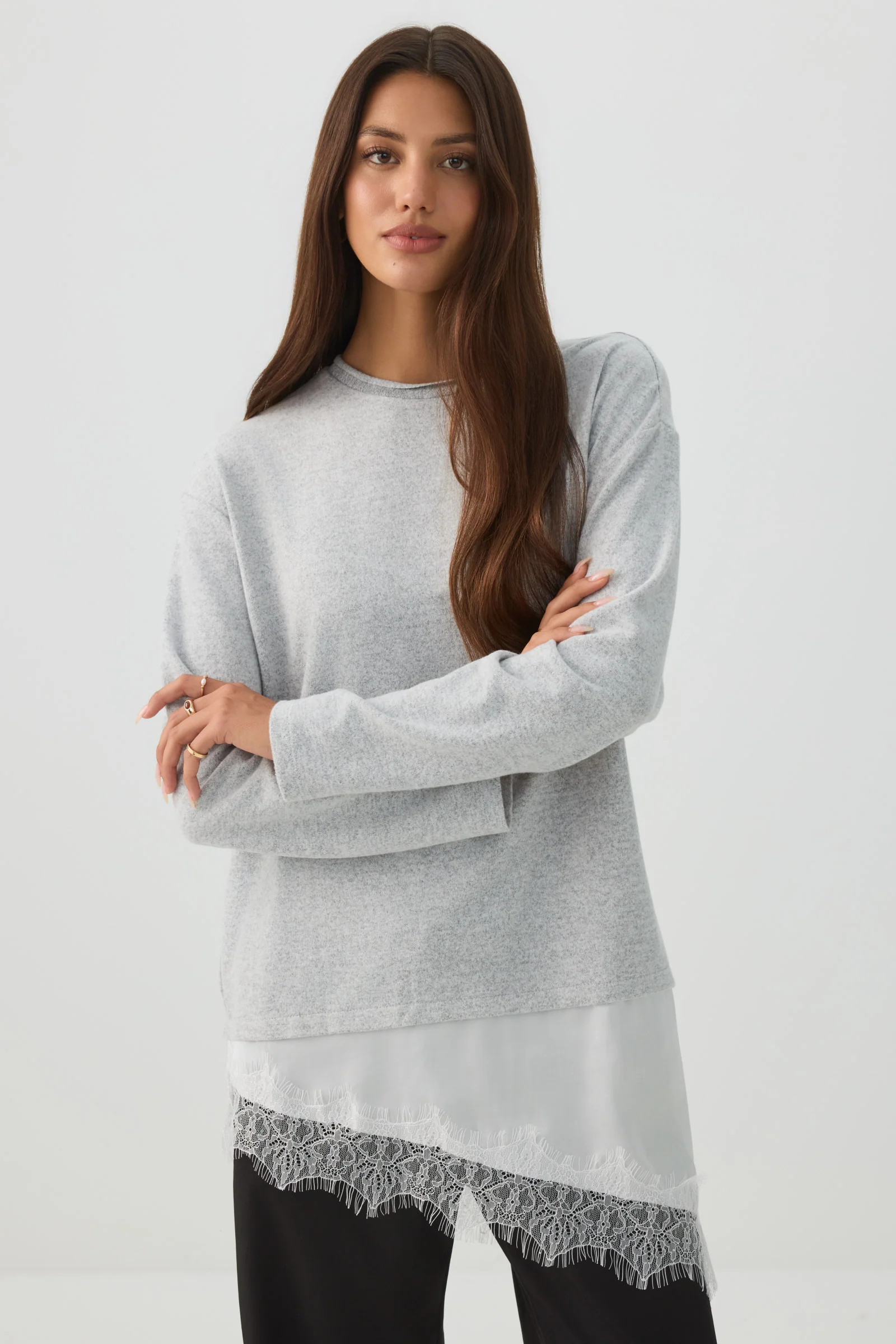 Asymmetrical Lace Trim Top Light Grey | Ardene Canada | Ardene US