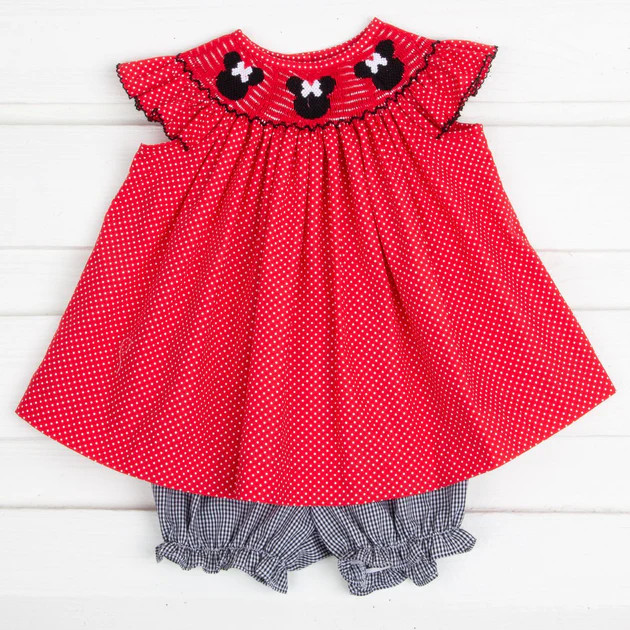 Mouse Ears Smocked Angel Sleeve Bloomer Set Red and White Dot | Classic Whimsy