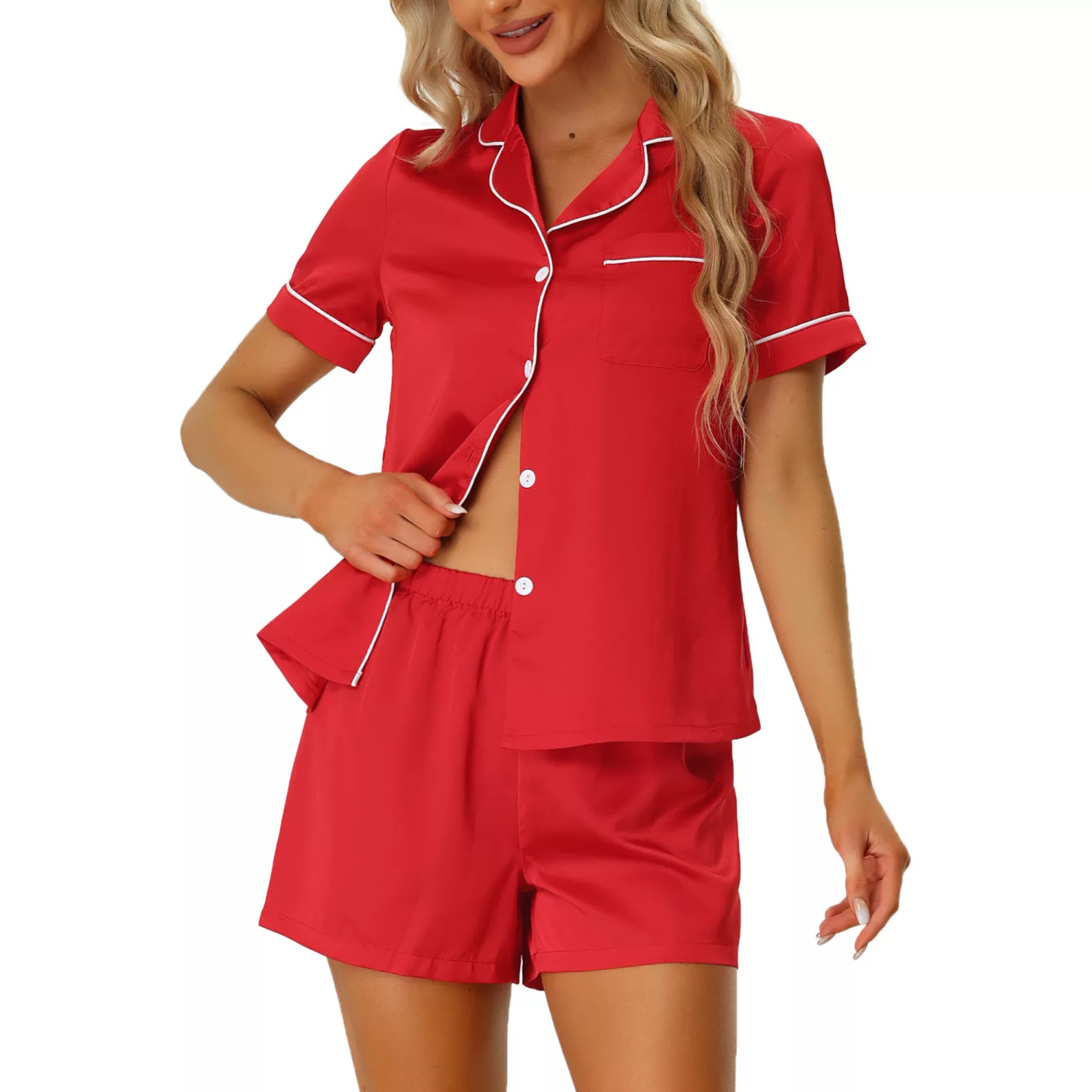 Women's Pajama Short Sleeves Button Down Top and Shorts Satin Sets | Kohl's