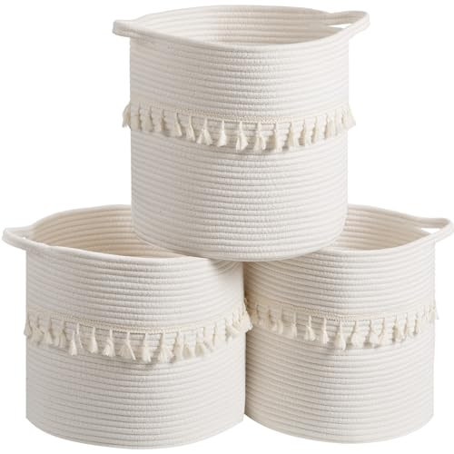 danpinera 3 Pack White Storage Baskets, 11"x11" Soft Woven Baskets for Storage and Decor in Bedroom, Nursery, Closet, Small Round Rope Baskets for Shelves, Decorative Storage Basket | Amazon (US)