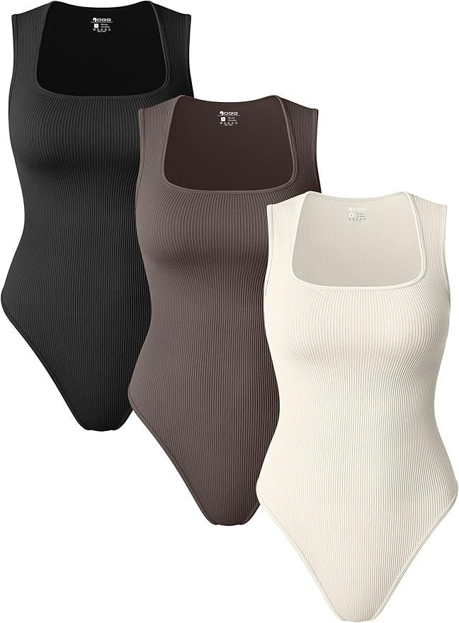 OQQ Women 3 Piece Bodysuits Sleeveless Square Stretch Basic Tank Tops Bodysuits | Amazon (US)