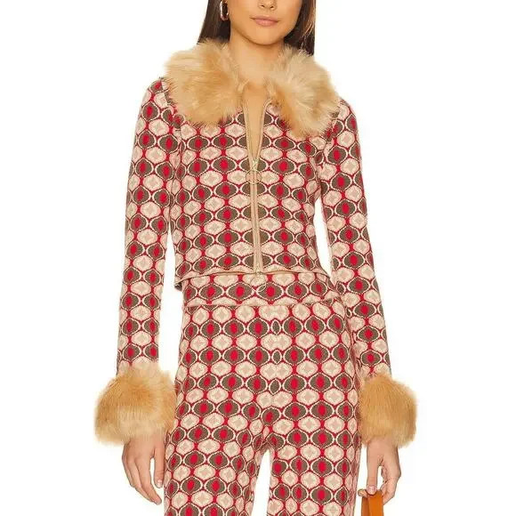 Show Me Your Mumu Zermatt Faux Fur Zip Up Sweater - XS - Brown Geo Jacquard | Poshmark