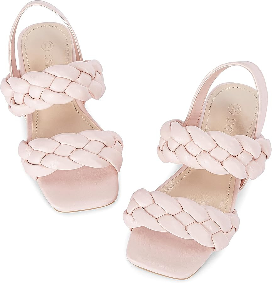 Syktkmx Girls Braided Sandals Low Heel Square Open Toe Strappy Slip On Dress shoes for Toddler Li... | Amazon (US)