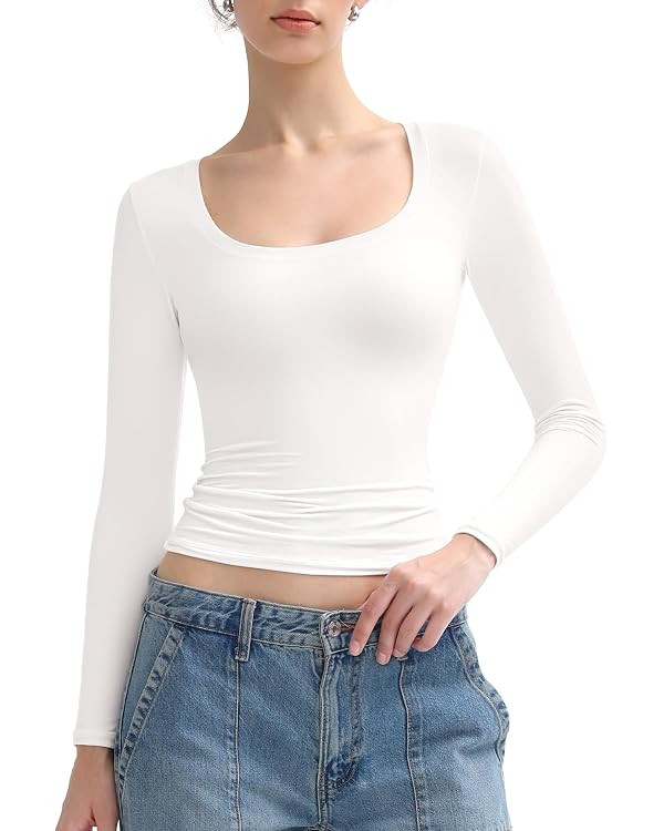 PUMIEY Women's Long Sleeve T Shirts Scoop Neck Slim Fit Going Out Tops Double Lined Basic Tee Smo... | Amazon (US)