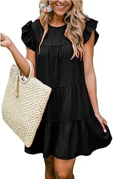 Women Casual Babydoll Ruffle Sleeve Round Neck Loose Flowy Mini Tunic Short Dresses | Amazon (US)