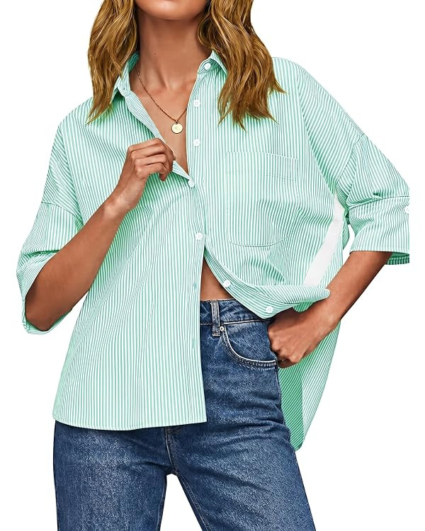 Cicy Bell Womens Oversized Button Down Shirts Half Sleeve Collared Tops | V Neck,High Low,Dressy ... | Amazon (US)