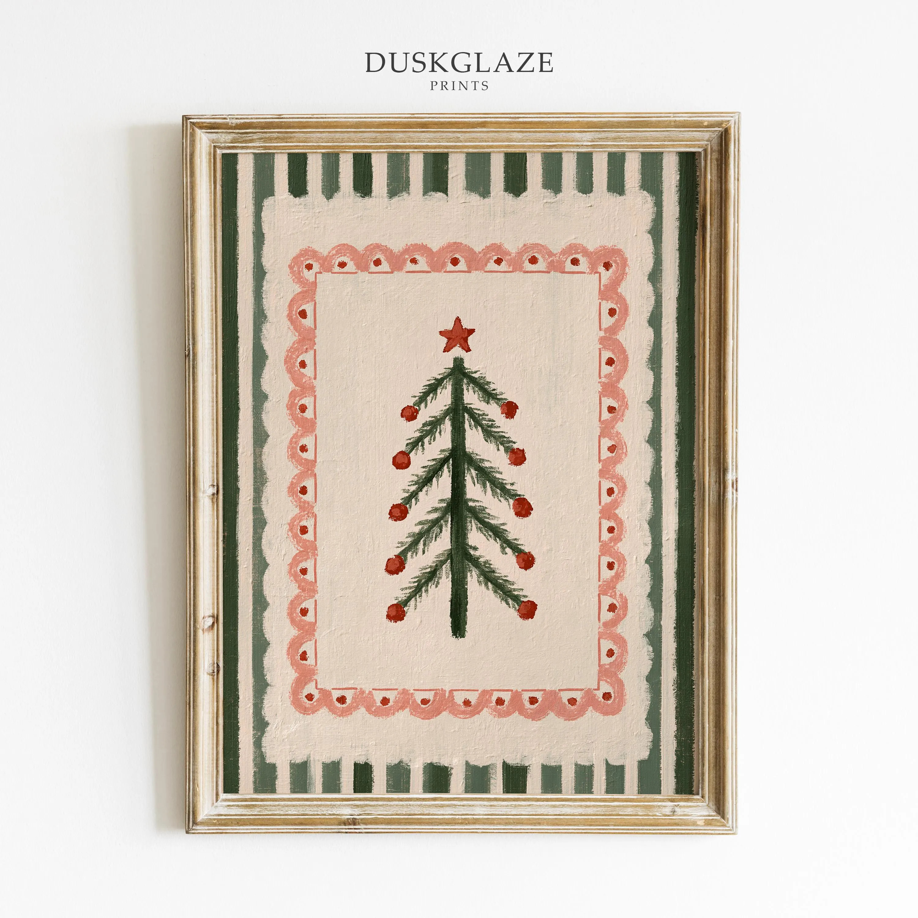 Scalloped Border Christmas Tree Print, Green Striped Folk Art Wall Art, Whimsical Holiday Decor (Digital Download) | Etsy (Global)