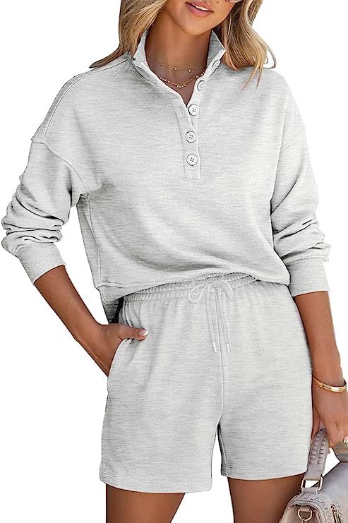 AUTOMET Women's Lounge Sets Two Piece Outfits Long Sleeve Shirts & Drawstring Shorts Tracksuit Sw... | Amazon (US)