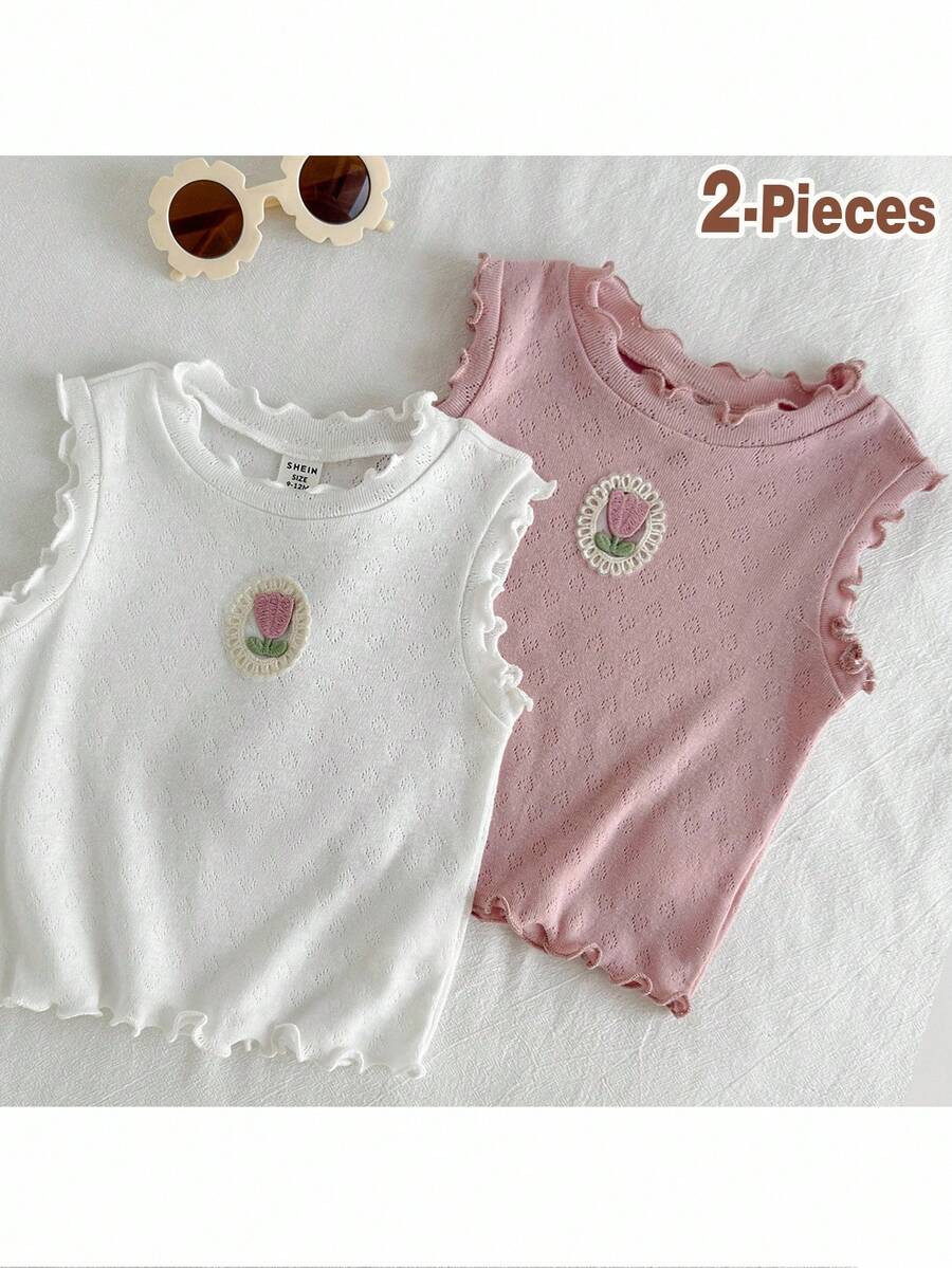 Loomiva Baby Girl Cute Cartoon Floral Pattern Knitted Soft Crew Neck Sleeveless 2pcs Top Set Prin... | SHEIN