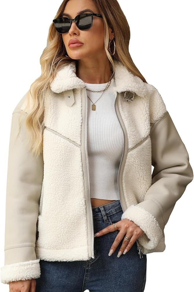 LY VAREY LIN Winter Women Faux Leather Jacket Patchwork Fur Coat Moto Biker Zipper Sherpa Shacket | Amazon (US)