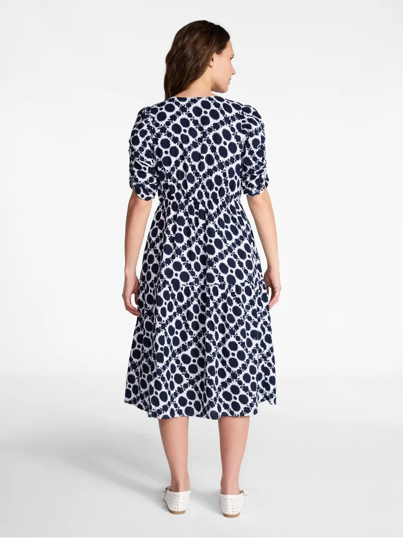 Time and Tru Women's Cotton Tiered Midi Dress with Elbow Length Sleeves, Sizes XS-XXXL | Walmart (US)