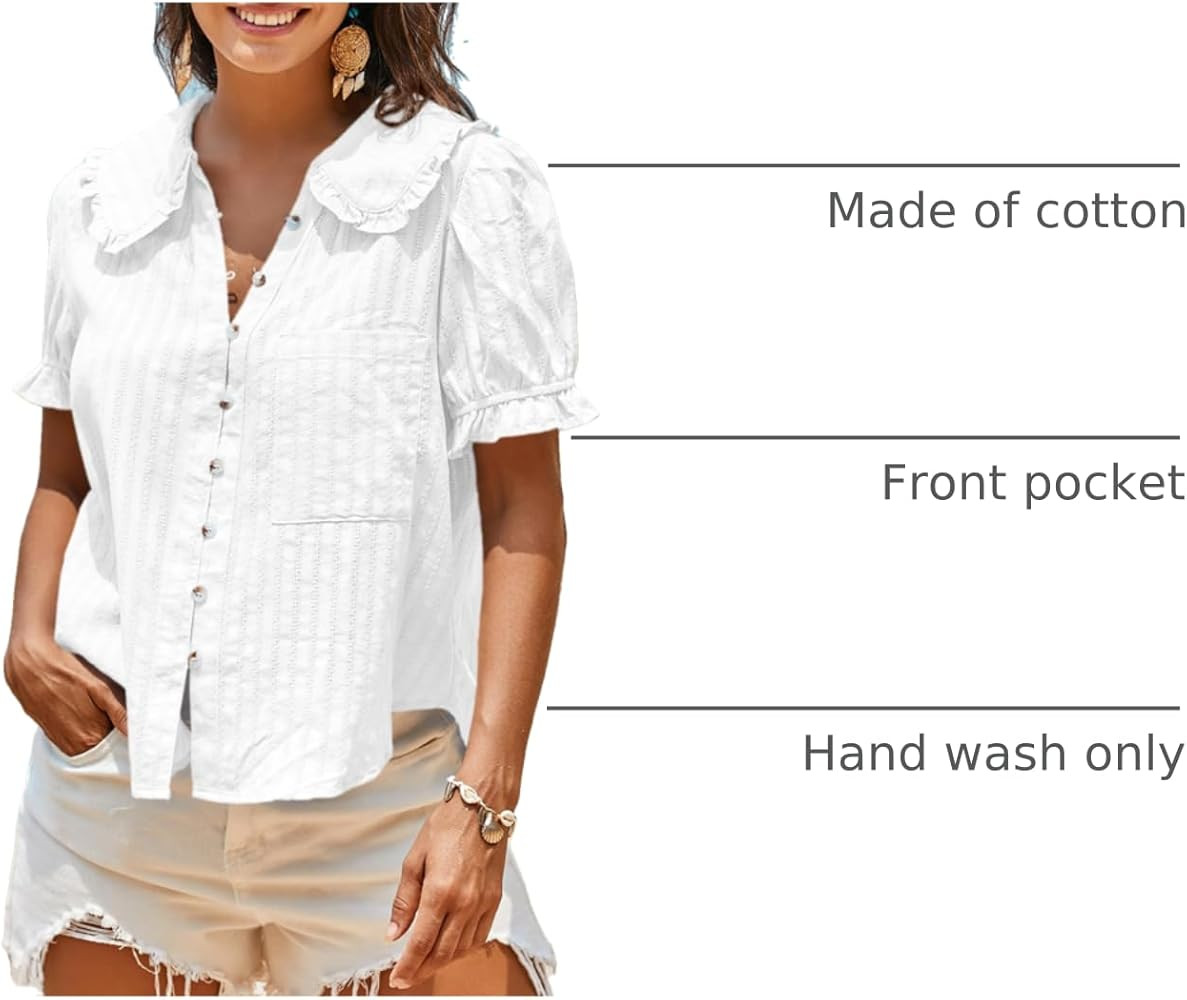 Tankaneo Womens Puff Sleeve Shirts Peter Pan Collar Button Down Cotton Blouse Casual Summer Textu... | Amazon (US)