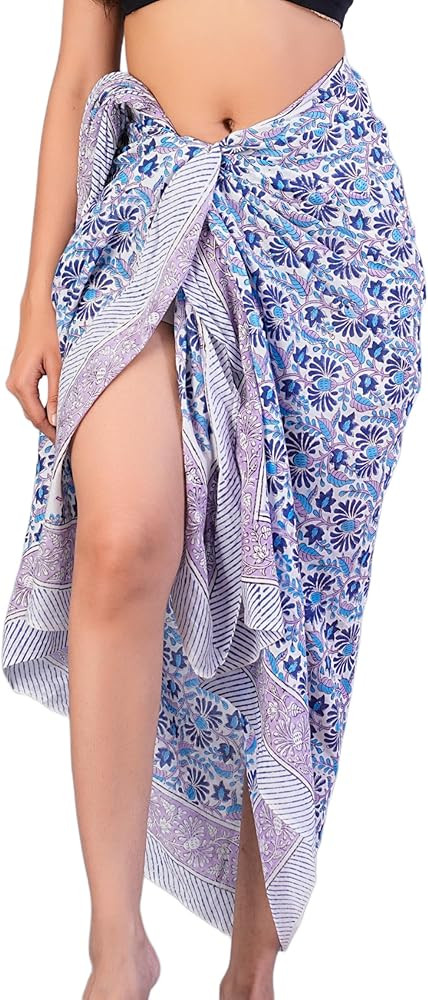Swimsuit Coverup for Women Beach Cover Ups for Women Cotton Hand Block Print White Sarong Wraps R... | Amazon (US)