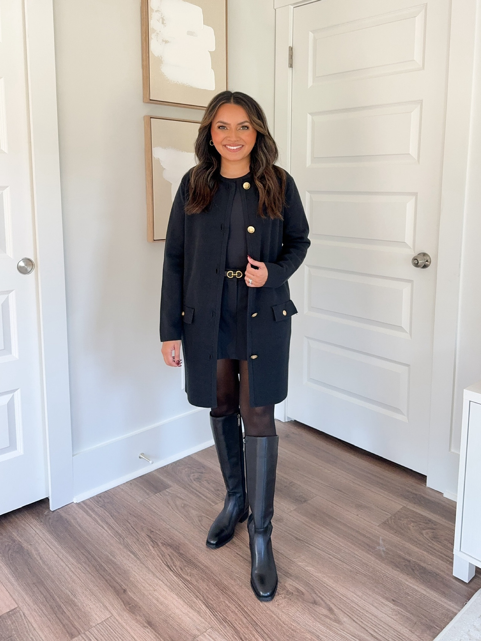 Black sweater cardigan size xxs TTS but size up to button or wear as a dress
Black bodysuit size small TTS 
Reversible belt size XS TTS 
Tights size S TTS 
Black skort is size small - usually size 2/26, I have a little room in the waist 
Black boots size 5.5 TTS 

Amazon sale 
Fall outfit 
Fall Fashion 
Fall style 
Fall skirt 
London outfit 
fall cardigan 

Honey Sweet Petite
Honeysweetpetite
 

#LTKSeasonal #LTKHoliday #LTKStyleTip