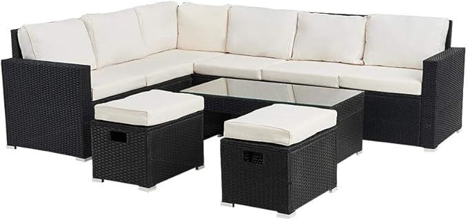 Panana Rattan Garden Furniture Set 8 Seater Lounge Corner Sofa Coffee Table and Stools Outdoor Pa... | Amazon (UK)