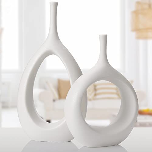 Houseables White Ceramic Vases, Modern Vase Pair, 12" x 6.3" Large, 9" x 6.7" Small, Matte, Geometri | Amazon (US)