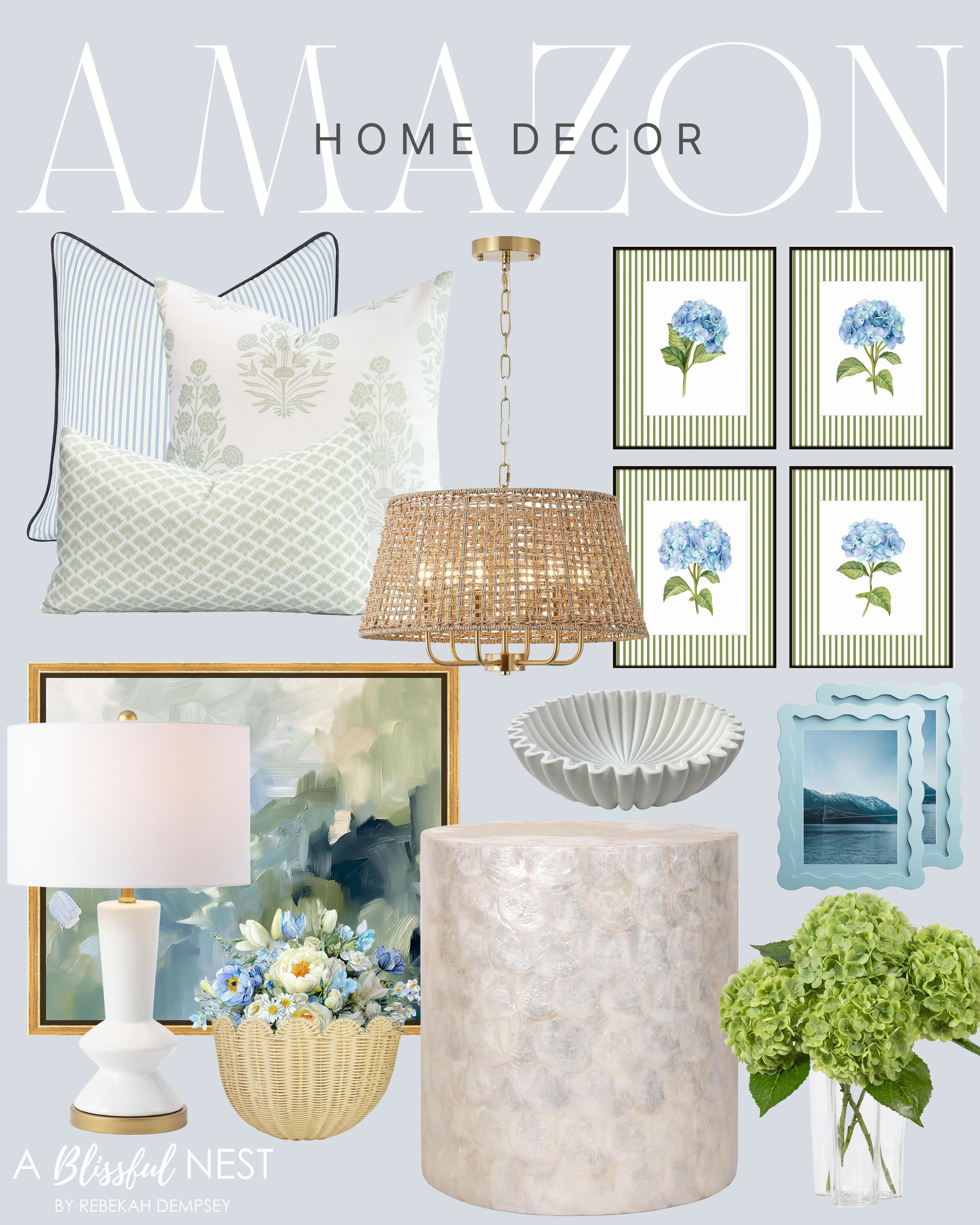 Loving the mix of florals, texture, and soft color in these chic decor finds. Snag them now.

Decorative bowl, abstract canvas print, boho chandelier ceiling light, modern farmhouse pillow, green neutral floral pillow, white/gold ceramic table lamp, artificial hydrangea, scalloped wave wall basket, blue coastal pillow, botanical prints, scallop braided outdoor rug. 

 #LTKHome