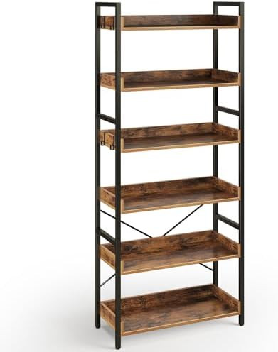 Rolanstar Bookshelf 6 Tier with 4 Hooks, Industrial Wood Bookcase, Vintage Storage Rack with Open... | Amazon (US)