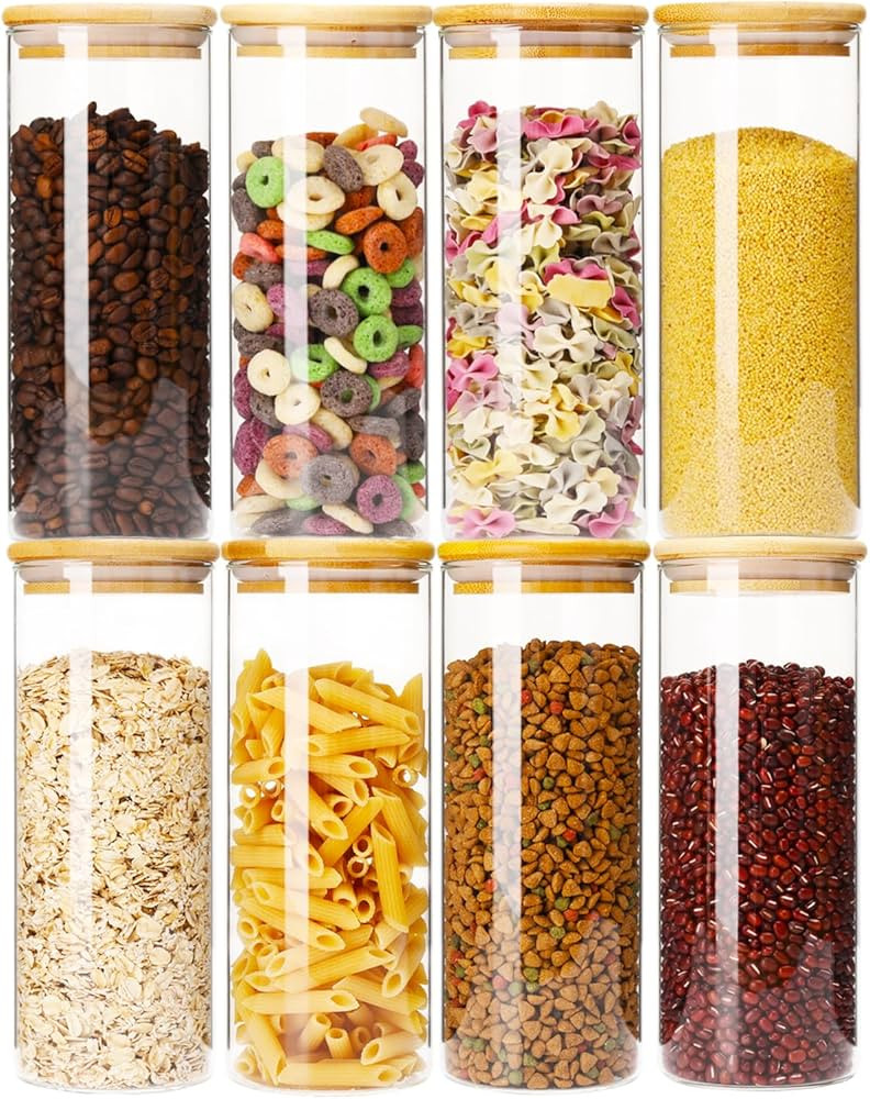 Glass Food Storage Containers with Bamboo Lids 34 FL OZ [Set of 8], Glass Canisters with Airtight... | Amazon (US)