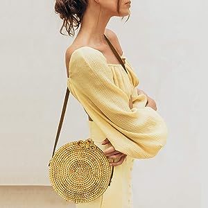 Round Rattan Bag for Women Lefur Handwoven Straw Bag Beach Crossbody Purse with Shoulder Straps L... | Amazon (US)