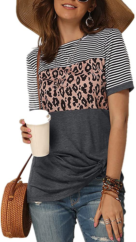 Necooer Womens Casual Crewneck Twist Knot Blouse Short Sleeve Color Block Fashion Striped Tops Sh... | Amazon (US)