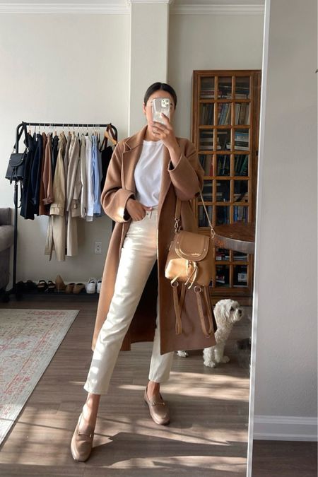 Spring neutral casual outfit 

• camel coat xs - on sale for under $200 
• white tee 
• cream off white jeans  
• loafers cedarwood tts 
• SOPHIYA backpack Zoe camel 

Casual / neutral / spring / spring workwear 

#LTKSeasonal #LTKworkwear #LTKstyletip