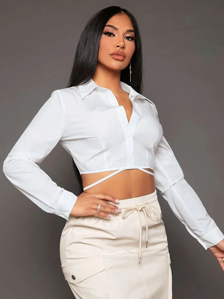 SHEIN SXY Solid Button Front Tie Back Crop Shirt,Long Sleeve Tops | SHEIN