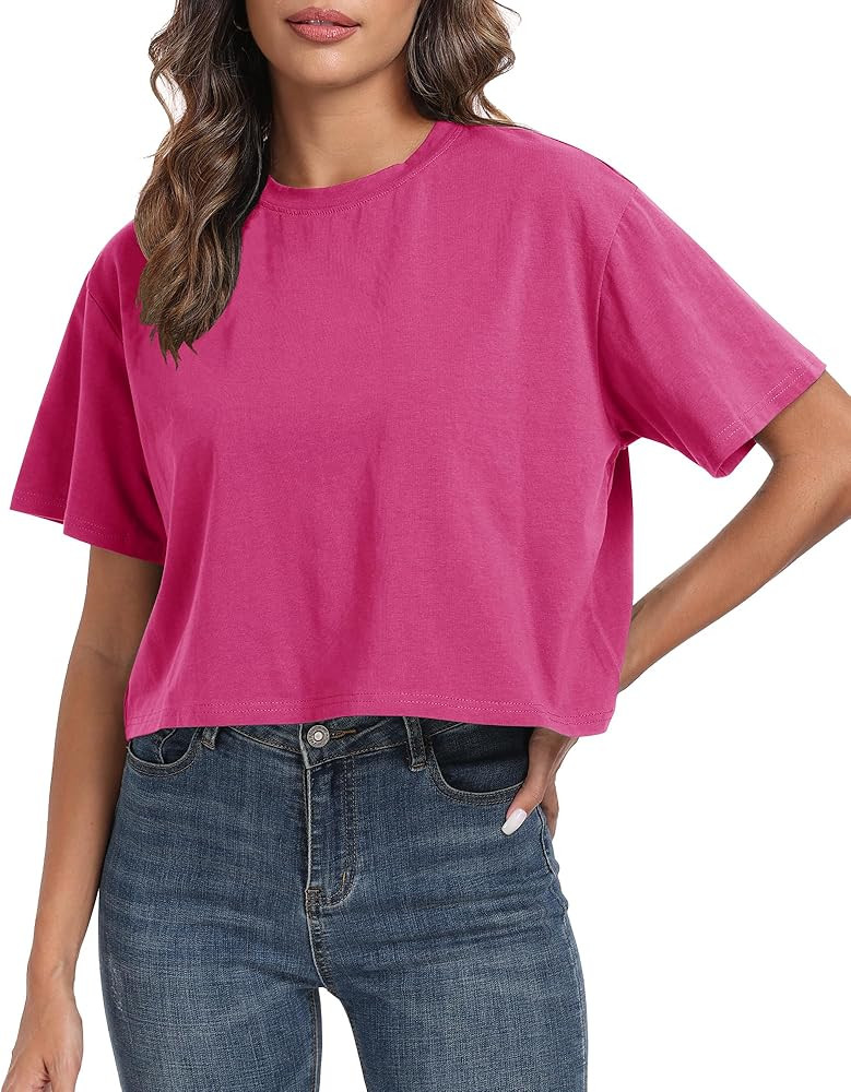 PRIMODA Women's Oversized Workout Cropped T Shirts Crew Neck Short Sleeve Casual Loose Summer Cro... | Amazon (US)