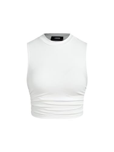CIDER Womens Summer Tops Crop Tops for Women Womens Tank Tops Mimi Cuttrell Solid Sleeveless Ruched Crop Top: White, L | Amazon (US)