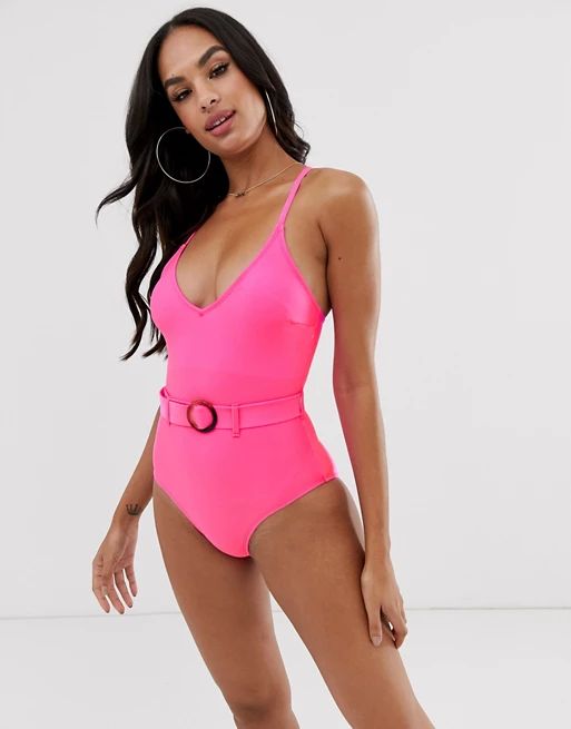 New Look belted swimsuit in pink | ASOS US