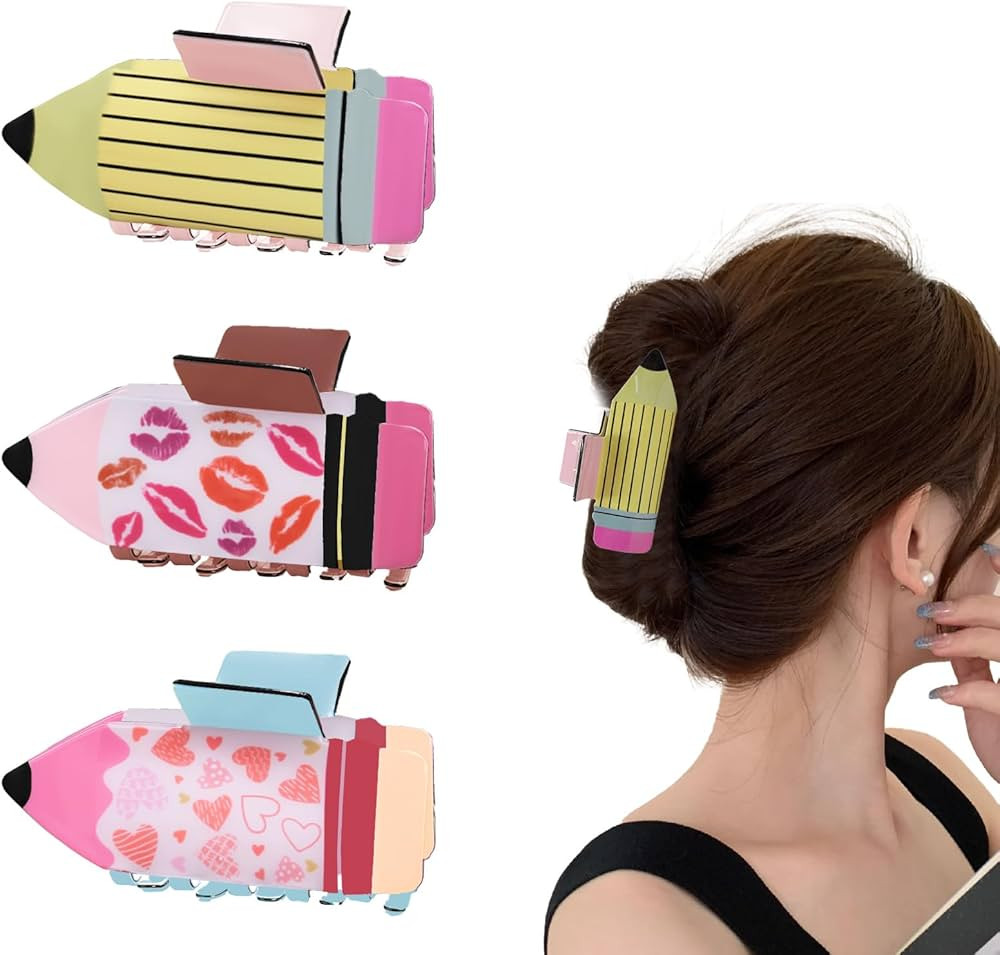 3 Pack Pencil Hair Claw Clips for Women Girls, 3.3” Teacher Appreciation Hair Claw Clips Funny ... | Amazon (US)