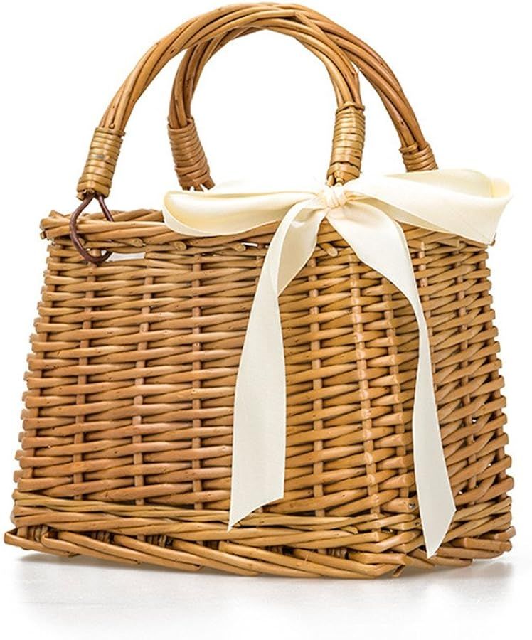QTMY Bow Rattan Woven Bag Straw Bags Top Handle Wicker Baskets Handbags Boho Style Beach Bag Flow... | Amazon (US)