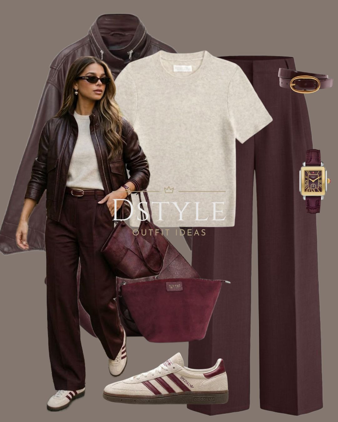 Rich burgundy tones for a polished off-duty ensemble! 🍷 Tailored wide-leg trousers paired with a leather bomber, neutral knit tee, and retro sneakers for a comfortable yet elevated look. 
#BurgundyTrend #TailoredPants #CasualChic #StreetStyle #FallFashion

#LTKootd #LTKWorkwear