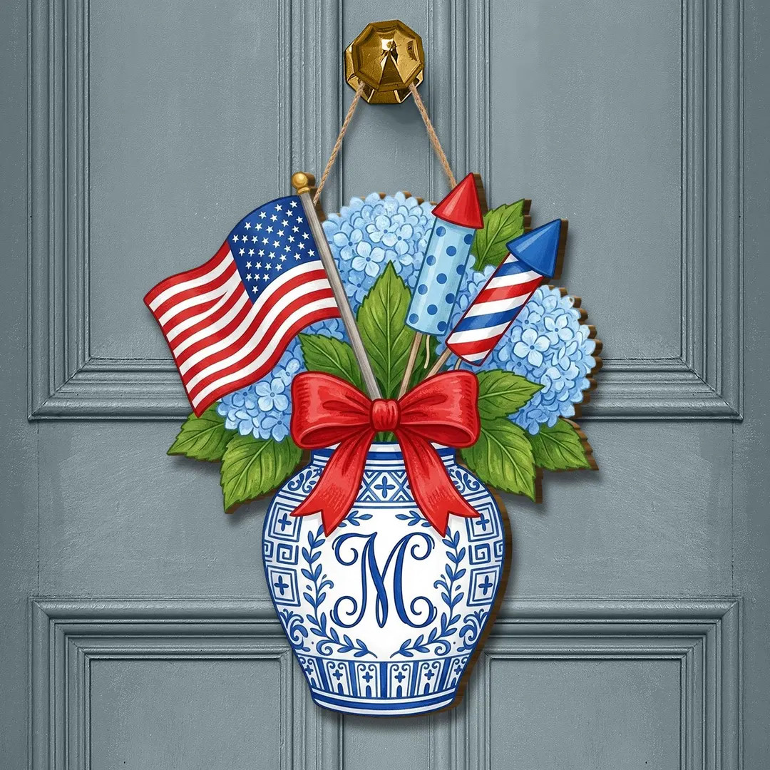 Custom Initial Wooden Door Sign: Chinoiserie Vase Patriotic Hydrangea Decor | Etsy (Global)