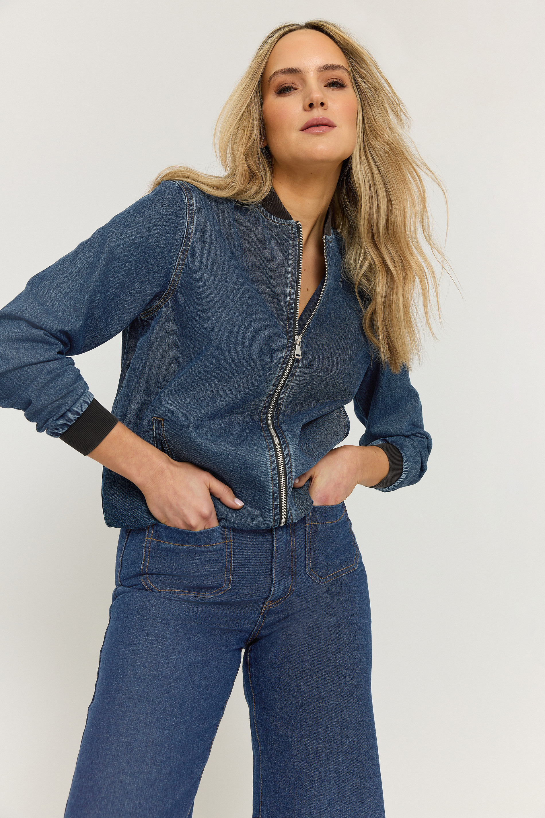 LTS Tall Blue Wash Denim Varsity Bomber Jacket | Long Tall Sally