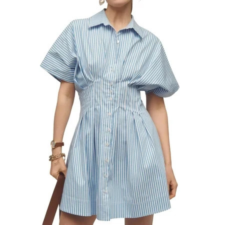 EESK Women Button Front Pleated Striped Shirt Dress Short Sleeve Pleated Blouse Mini Dress | Walmart (US)